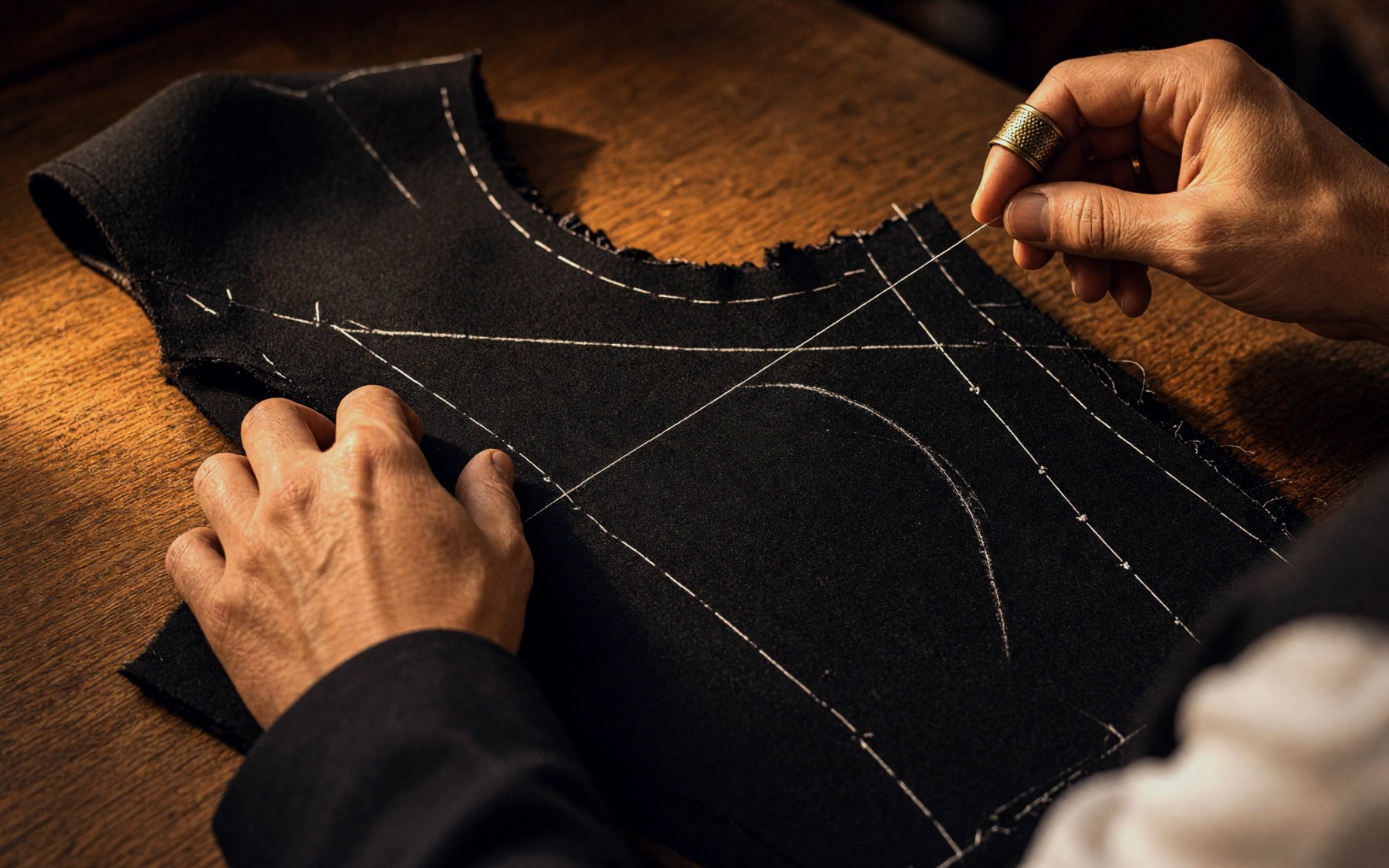 A tailor bastes the cut panels of a jacket on a wooden table.