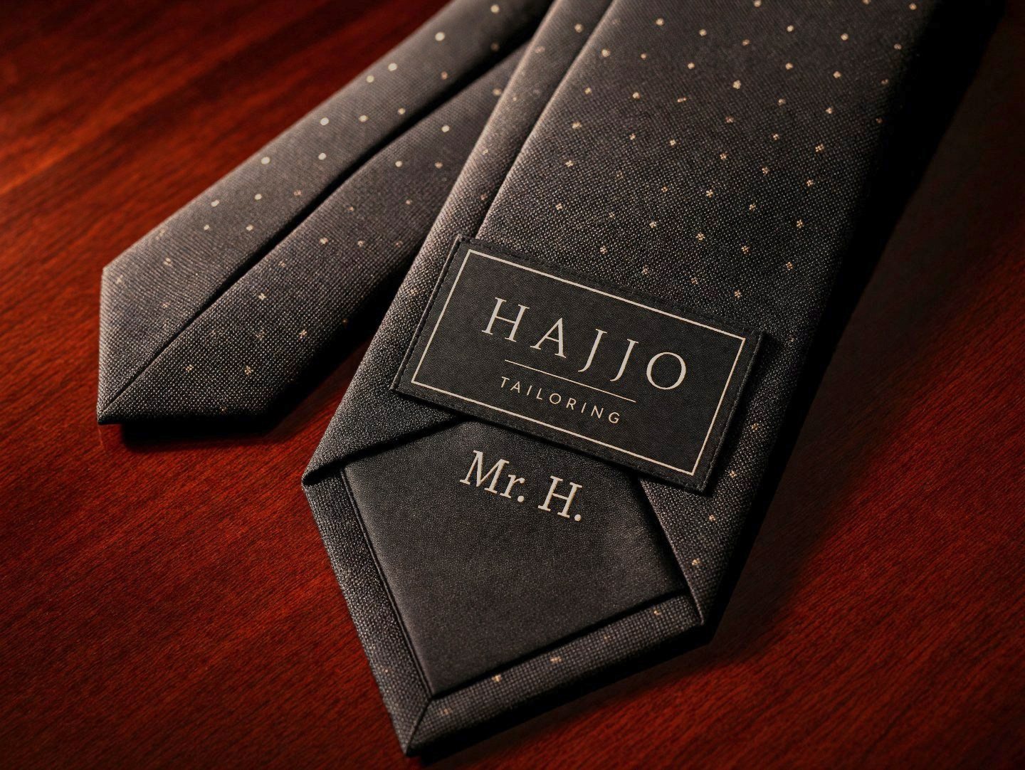 Silk tie with the Hajjo Tailoring label and the client's initials